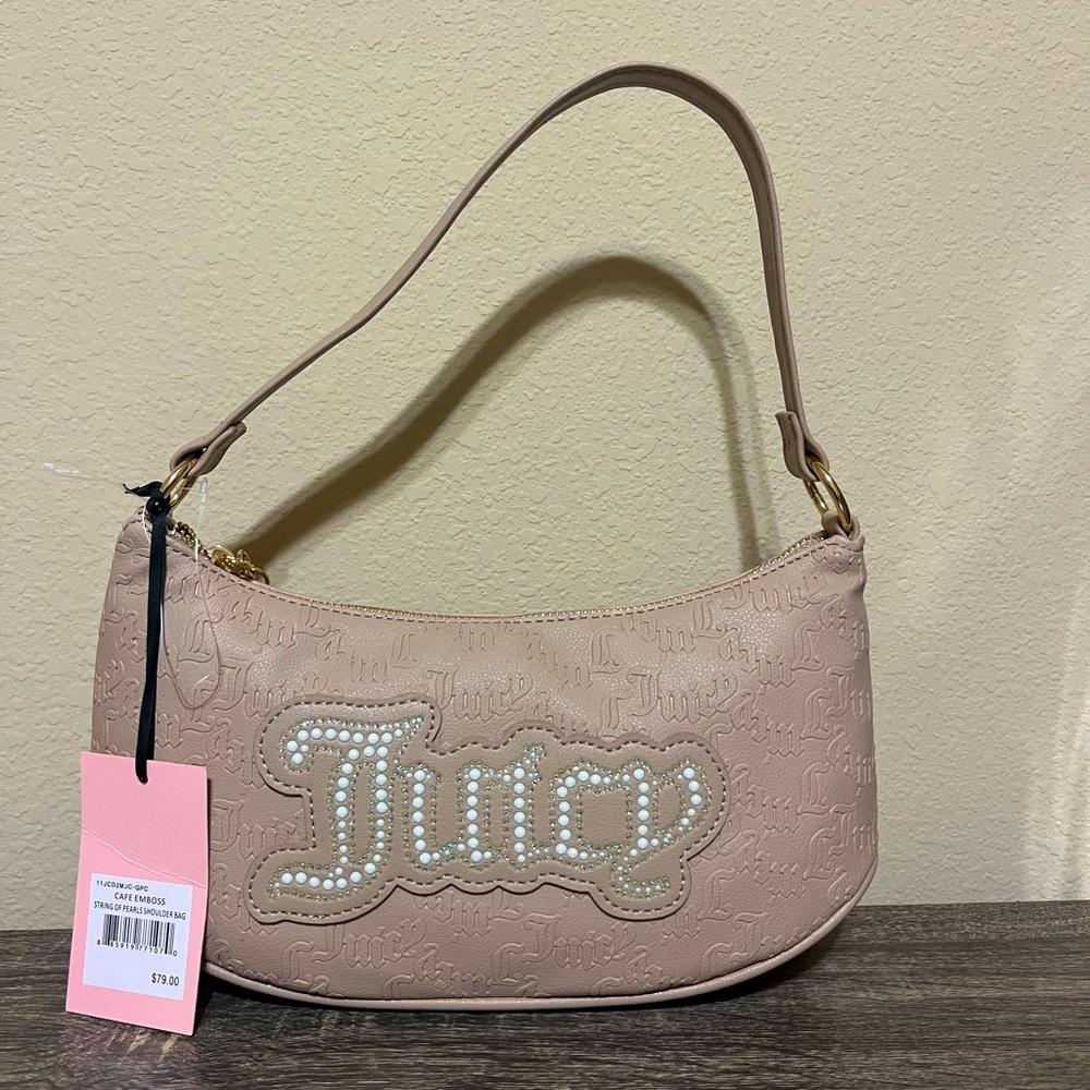 Juicy Couture Tan Shoulder Bag Plush Fabric Rhinestone Logo